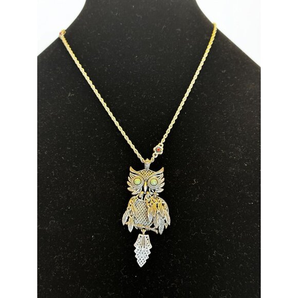 Lucky Brand Owl Pendant Necklace Silvertone Dangling Feathers 18-19.5 inch Chain - Picture 3 of 9